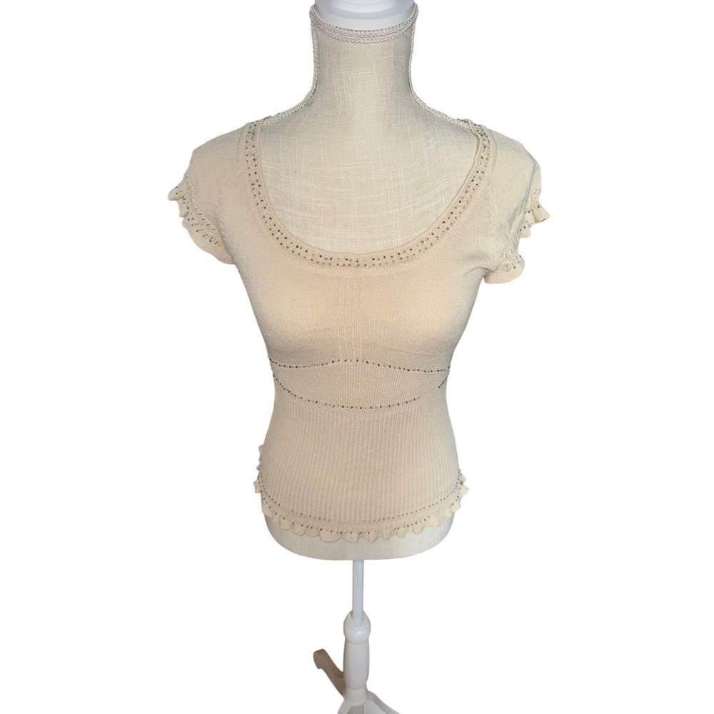 Vtg Y2k Nanette Lepore Cream Beaded
Ribbed Knit Top Ruffle Hem S FLAW